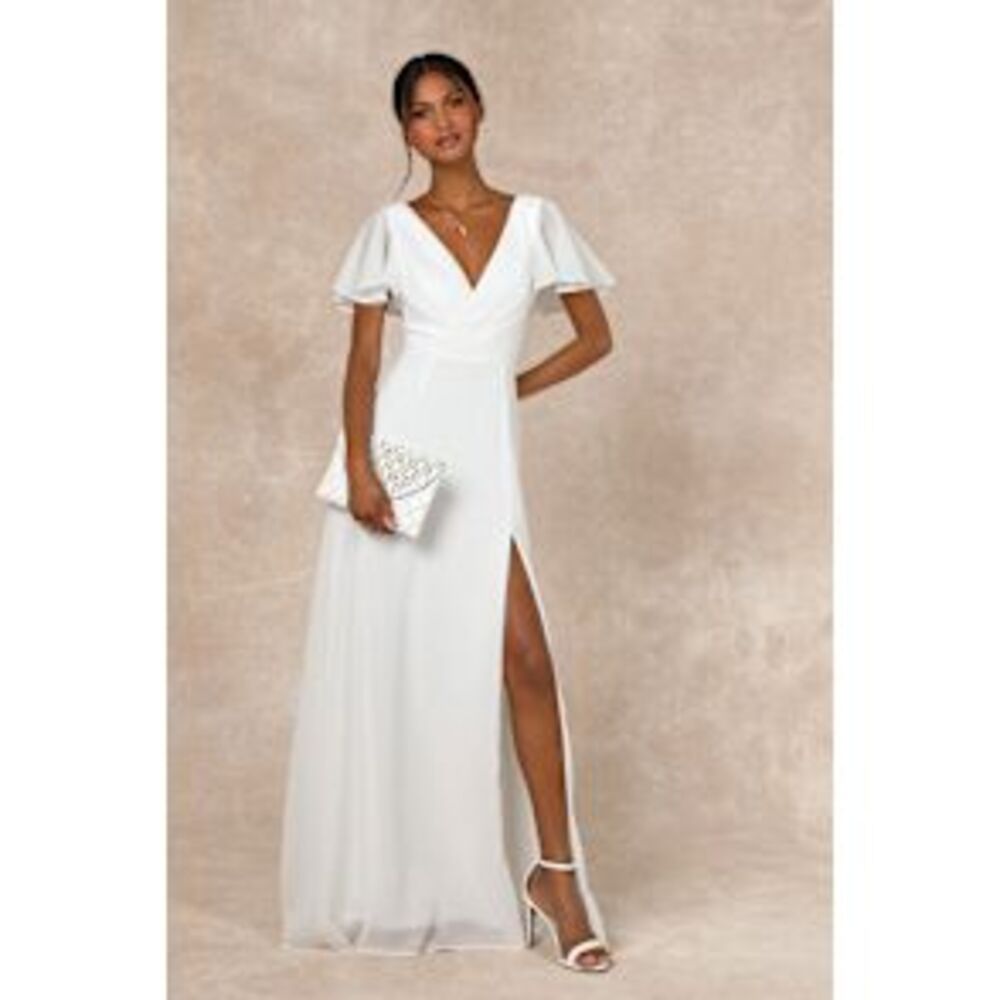 Lulu's White Flutter Sleeve V-Neck Slit Maxi Dress